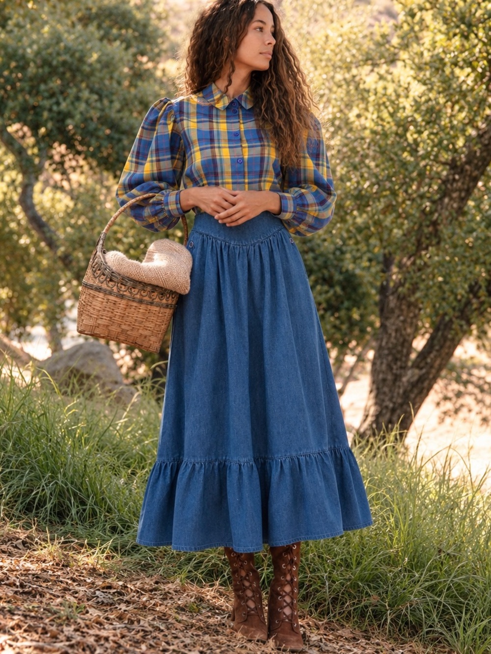 Vintage 70s TJ Thermo-Jac Denim Prairie Cotttagecore Western Boho Skirt XS